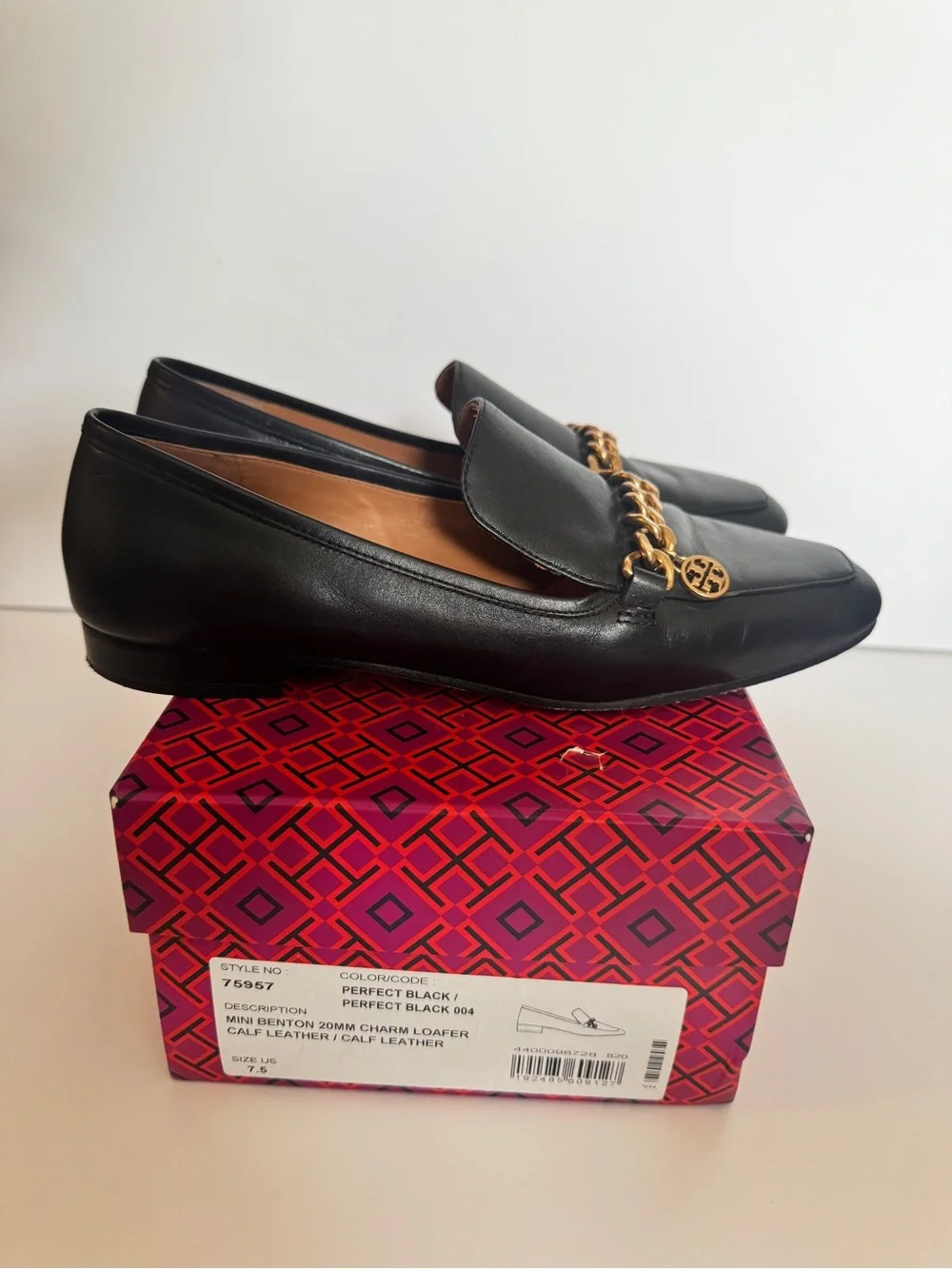 Tory Burch Black Leather Chain-Trim Loafers size 7.5